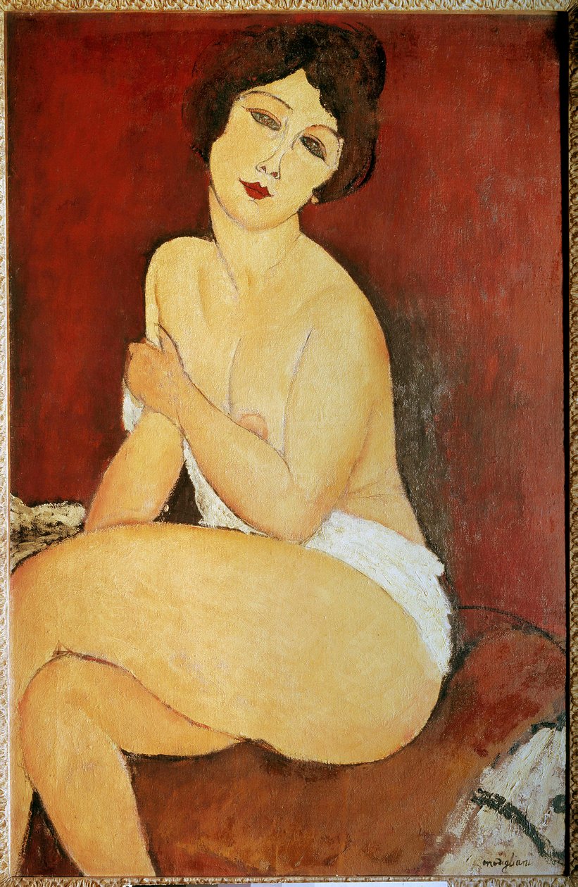 Meztelen nő ülő festménye, Amedeo Modigliani (1884-1920) 1917 V. 1x0,65 m Collection privee - Nagy ülő akt. Amedeo Modigliani (1884-1920) festménye alkotó: Amedeo Modigliani
