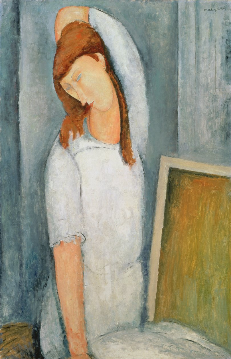 Jeanne Hebuterne (1898-1920) portréja bal karjával a feje mögött alkotó: Amedeo Modigliani