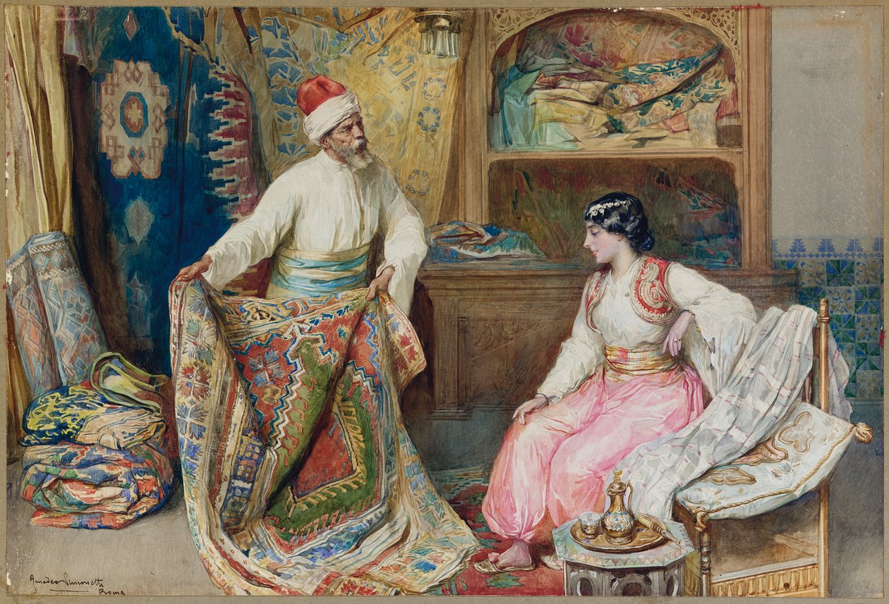 A szőnyegkereskedő (ceruza, w/c és gouache papíron) alkotó: Amedeo Momo Simonetti