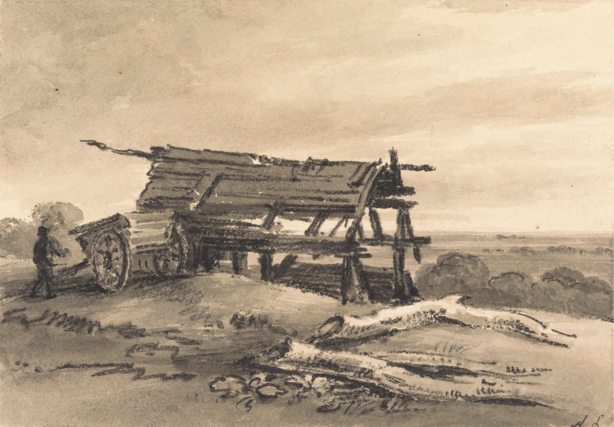 Kilátás Harrownál: mezőgazdasági munkással, szekérrel és romos istállóval alkotó: Amelia Long