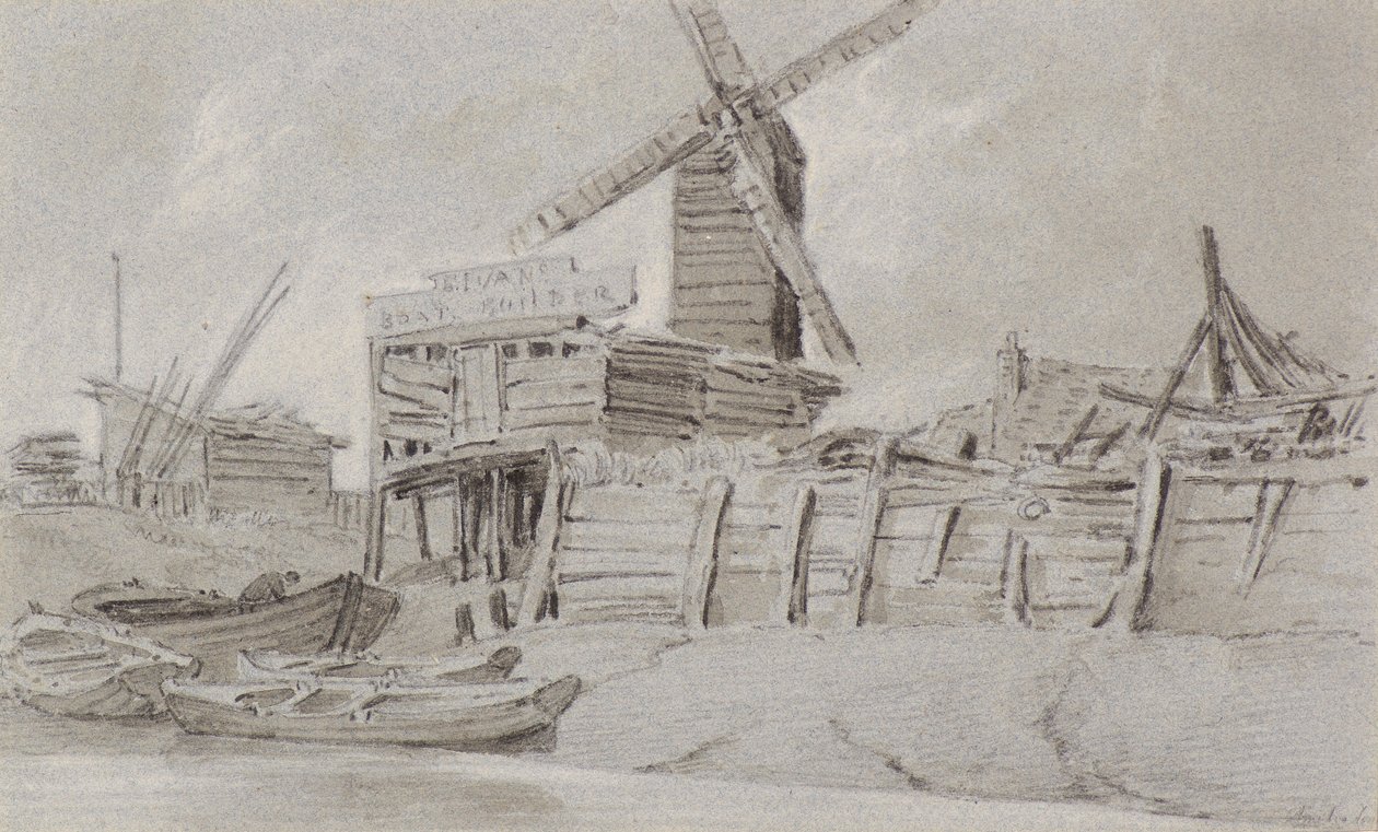 Szélmalom és csónakudvar, 1803 körül (szén, ceruza és mosószer) alkotó: Amelia Long
