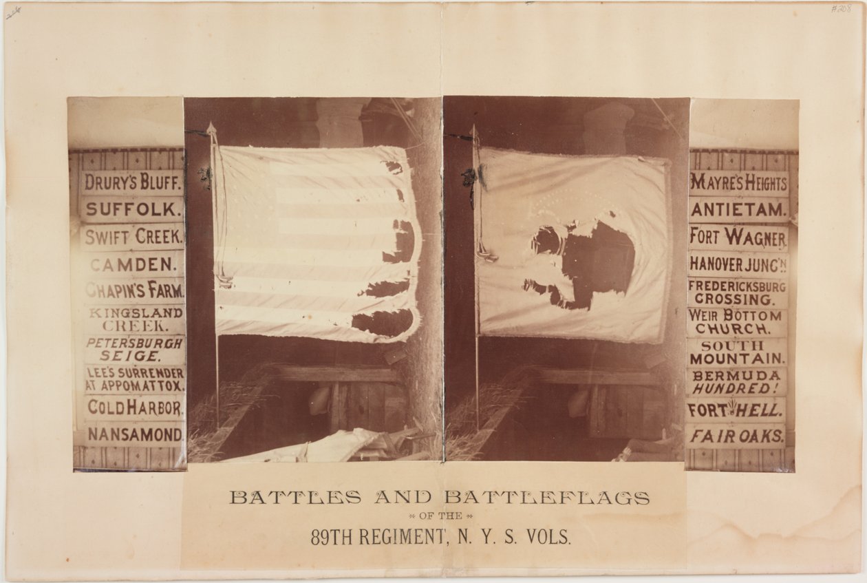 A 89. ezred csatái és harci zászlói, N. Y. S. Vols., 1870 körül (szépia fotó) alkotó: American Photographer