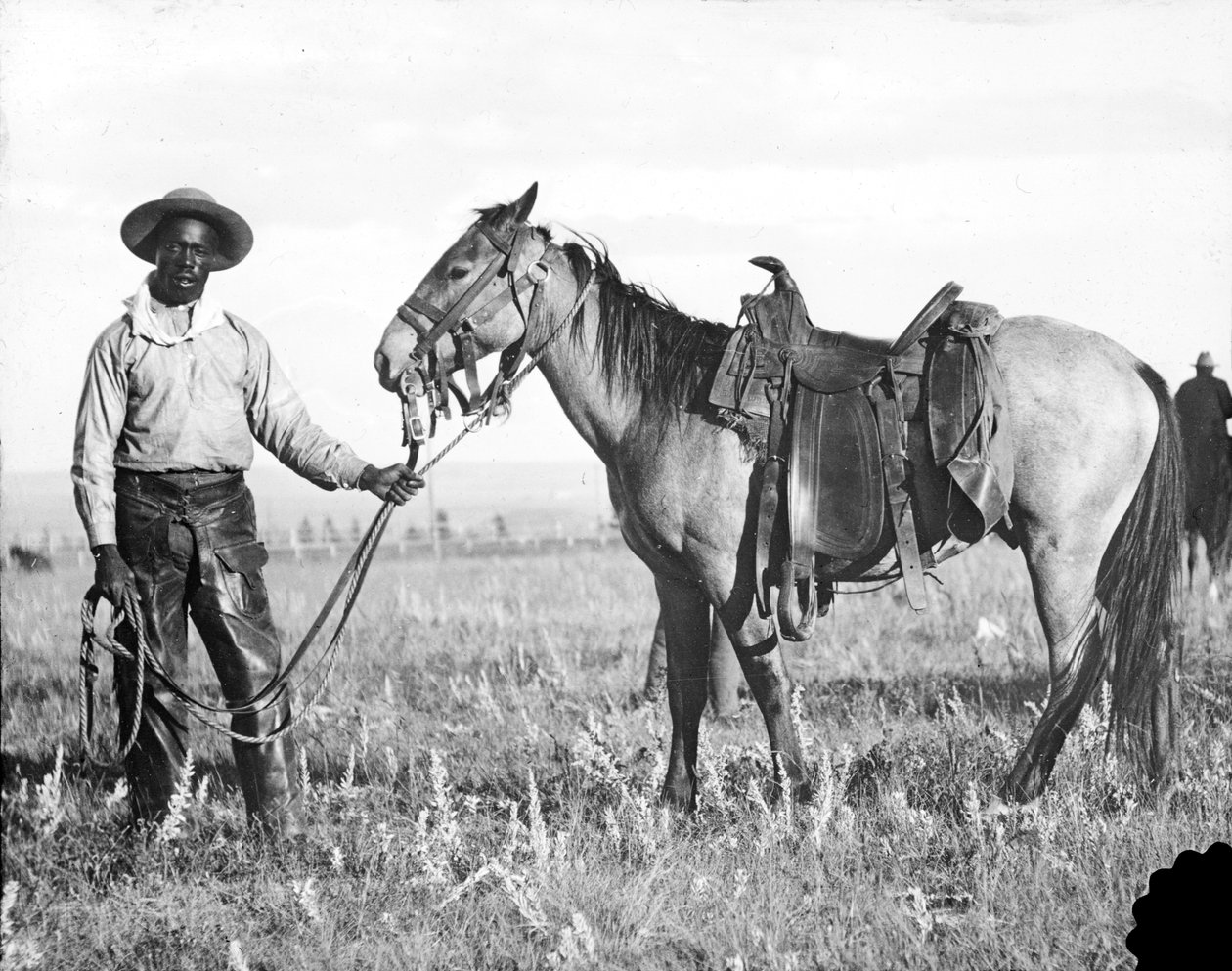 Fekete cowboy és ló, 1890-1920 körül alkotó: American Photographer