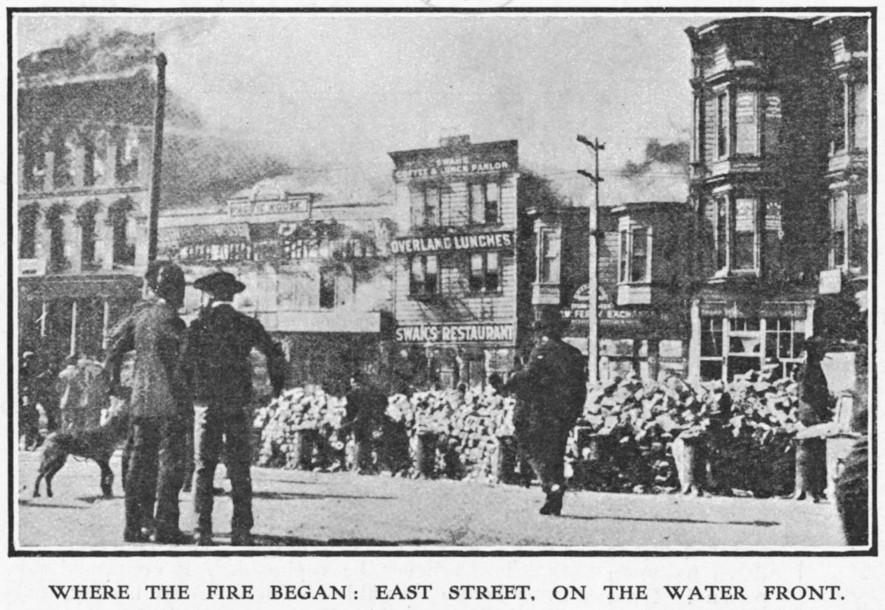 East Street, San Francisco, ahol a tűz az 1906-os földrengés során keletkezett, 1906 (lásd még: 223357) alkotó: American Photographer