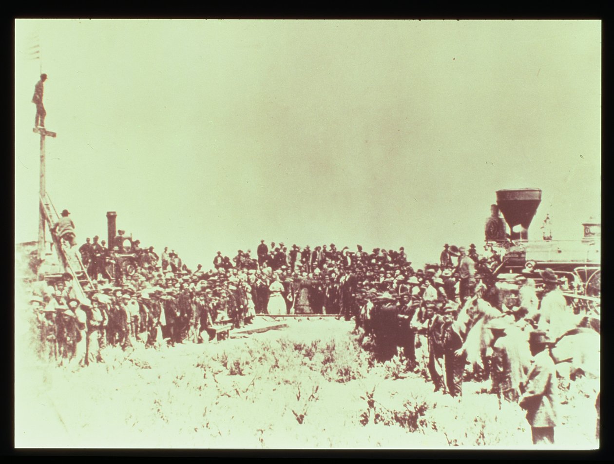 Az Union Pacific és a Central Pacific Railways találkozója Promontory Pointban, Omaha, 1869. május 10. alkotó: American Photographer