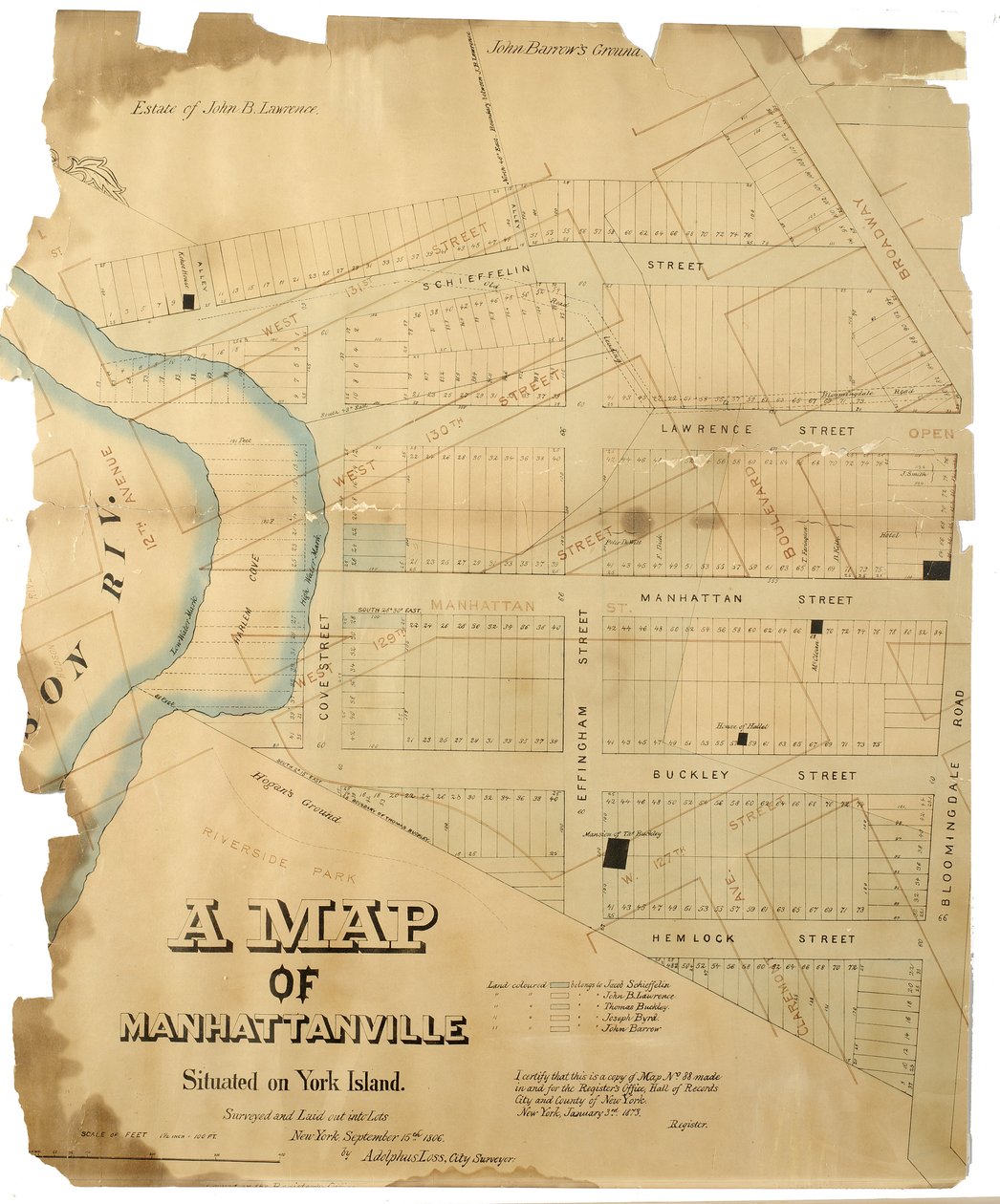 A York-szigeten található Manhattanville térképét Adolphus Loss 1806-ban felmérte és tételekre osztotta (toll és tinta (fekete és színes), akvarell papíron; szövetre rögzítve) alkotó: American School