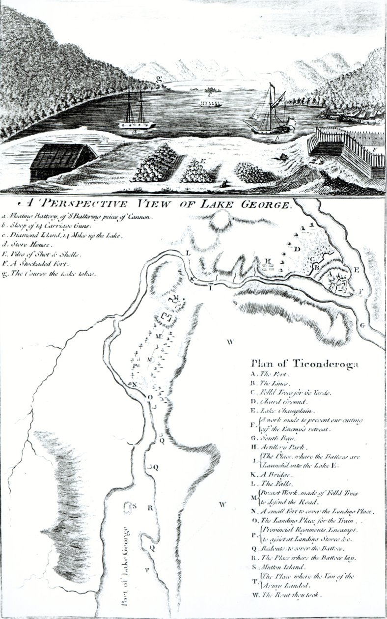 A George-tó perspektivikus képe és Ticonderoga terve alkotó: American School