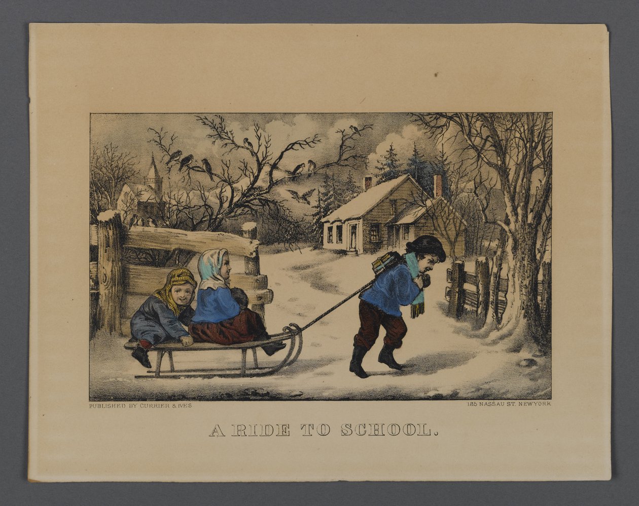 A Ride to School, kiadó: Currier & Ives, New York (kézzel színezett litho) alkotó: American School