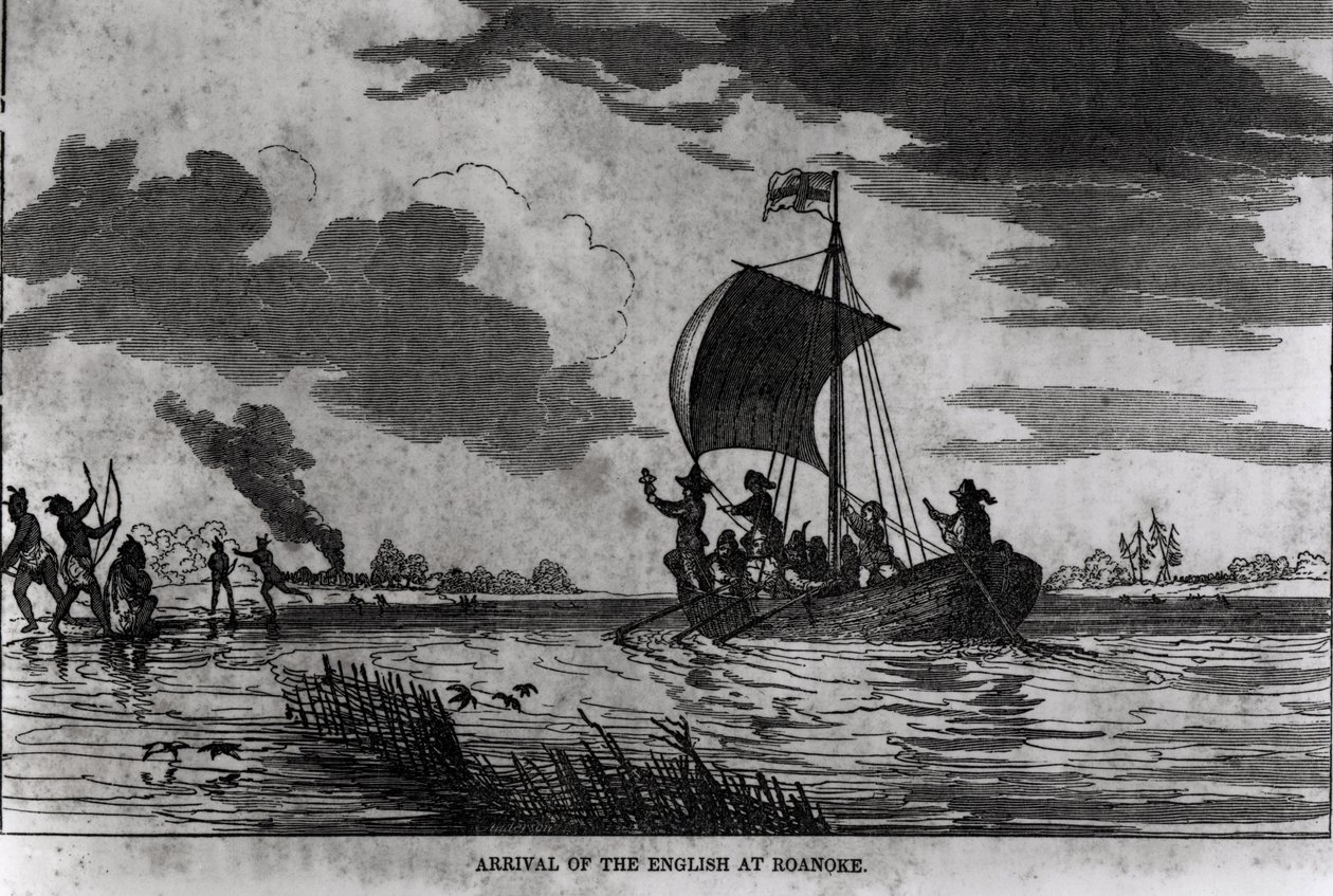 Az angolok érkezése Roanoke-ba, 1587, Justin Winsor „Amerika narratív és kritikai története” című művéből, 1831 alkotó: American School