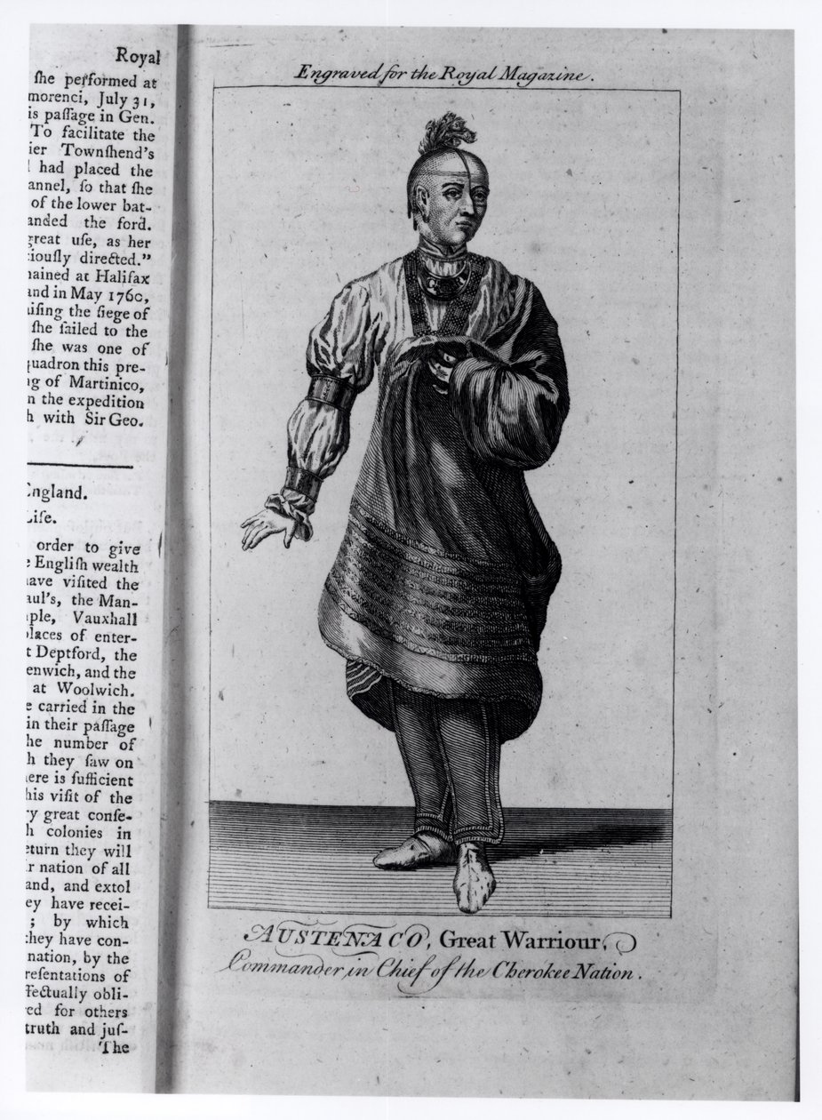Austenaco, nagy harcos, a Cherokee nemzet főparancsnoka, illusztráció a „The Royal Magazine”-ból, 1762. július alkotó: American School