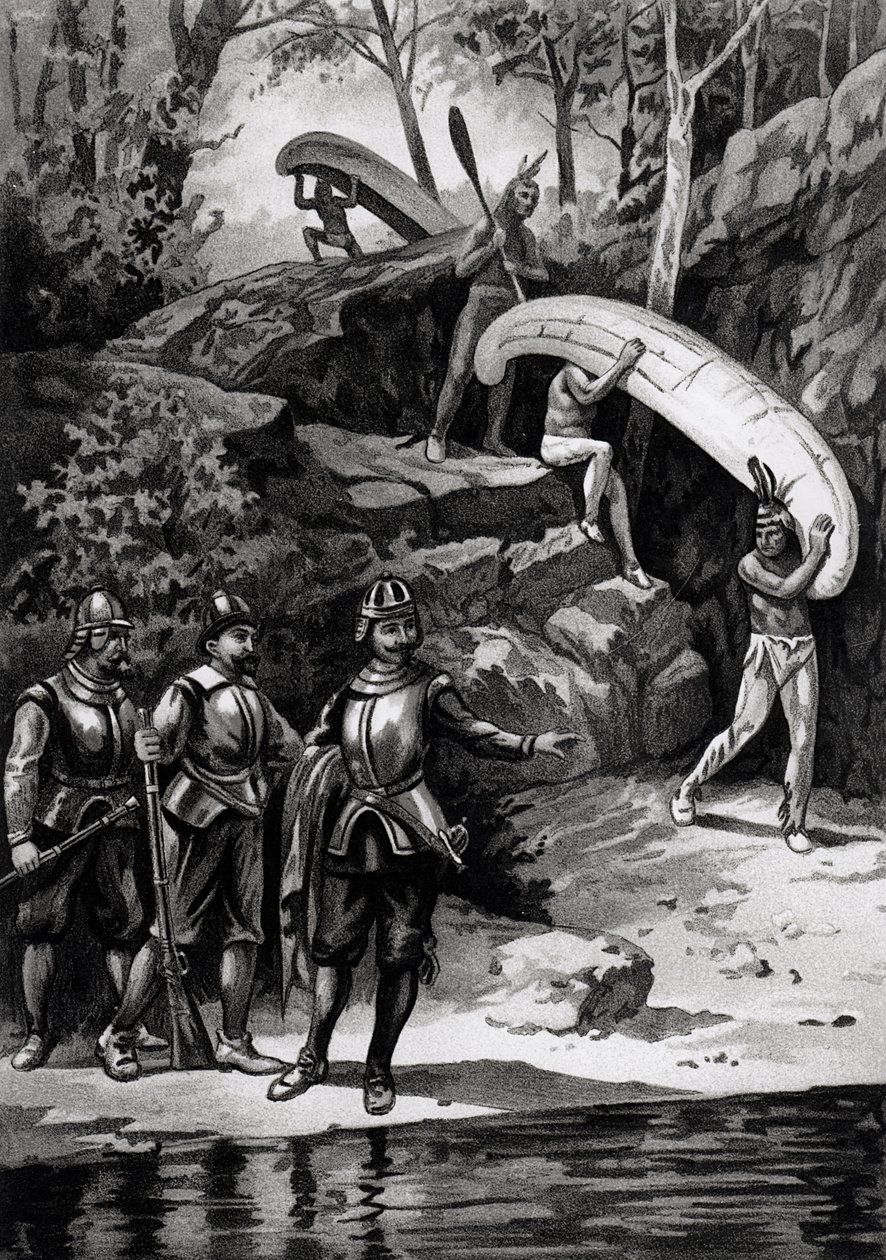 Champlain felfedezi a kanadai vadont, 1603, az "Amerikai kontinens és lakói Kolumbusz felfedezése előtt" című könyvből, Anne C. Cady, 1893. alkotó: American School