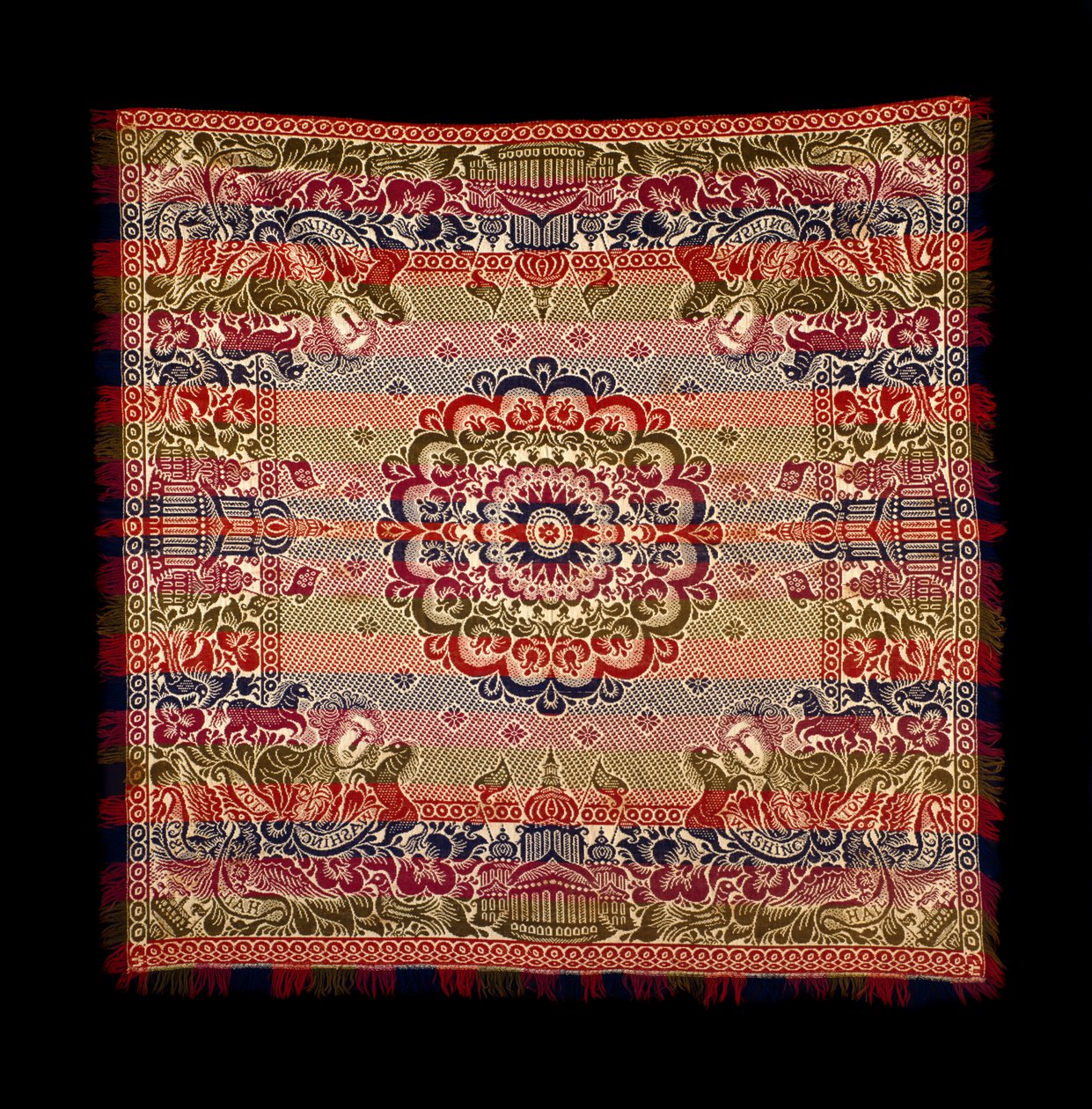 Dupla szövésű huzat, gyártó: Lancaster Carpet, Coverlet, Quilt and Yarn Manufacturing, 1869 (pamut és gyapjú) alkotó: American School