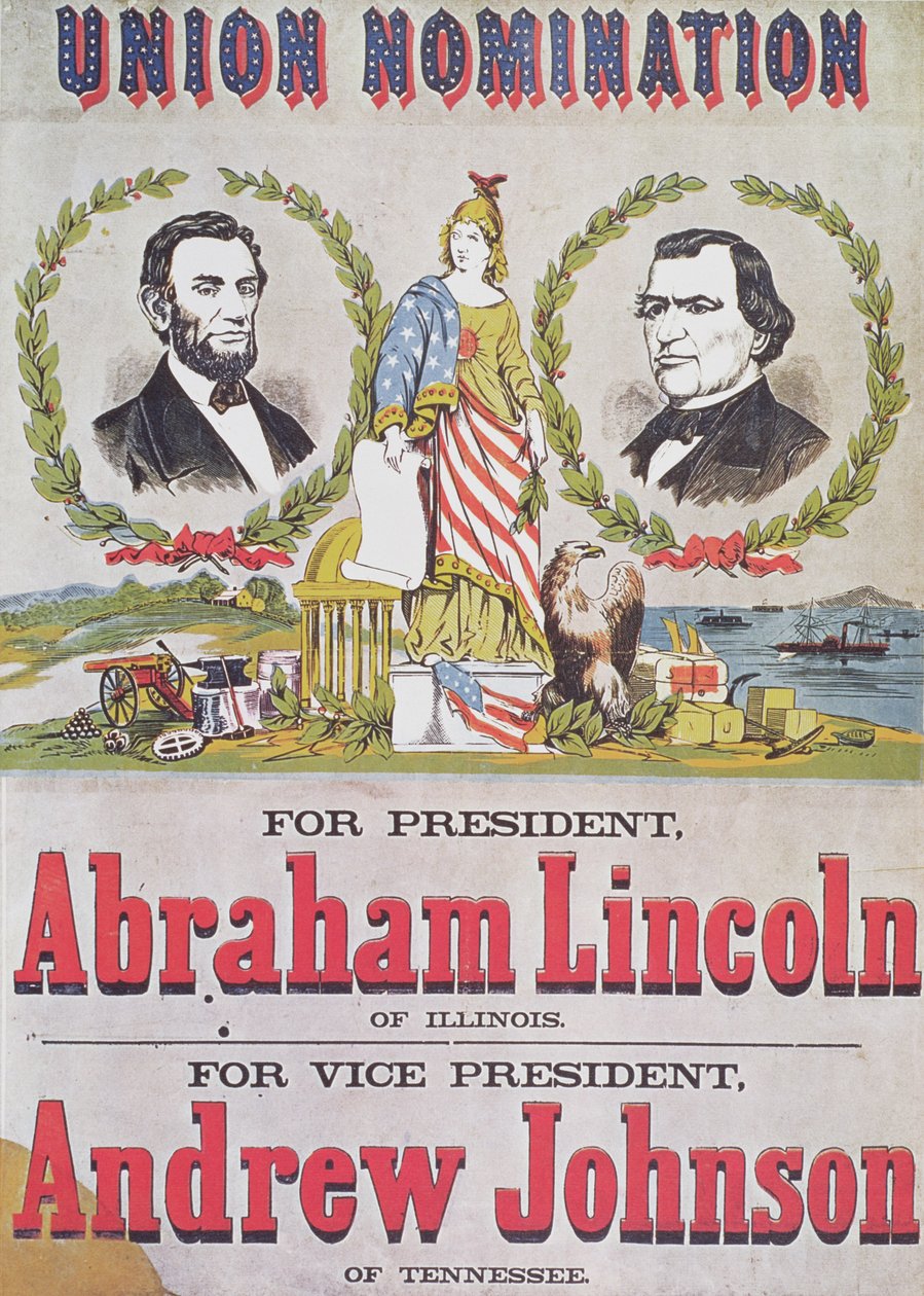 Választási kampány plakátja az uniós jelöléshez, amelyben Abraham Lincoln indul az elnökválasztáson és Andrew Johnson az alelnöki posztért alkotó: American School