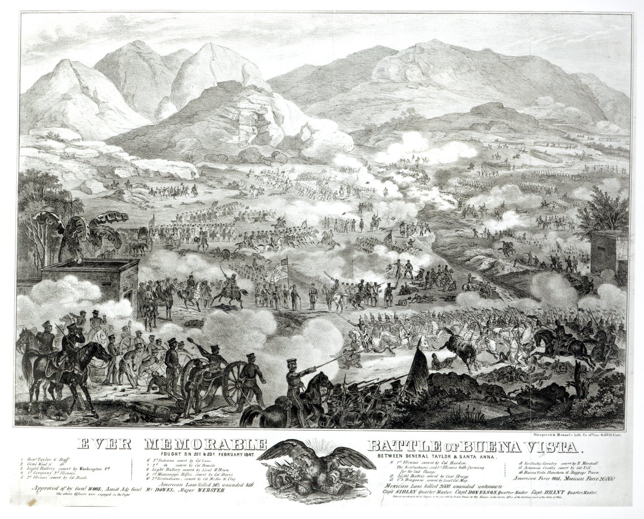 Mindig emlékezetes Buena Vista-i csata, 1847. február 22-én és 23-án, Taylor tábornok és Santa Anna között alkotó: American School