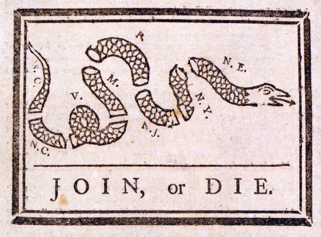 Csatlakozz vagy halj meg, Benjamin Franklin buzdítása, 1754 alkotó: American School