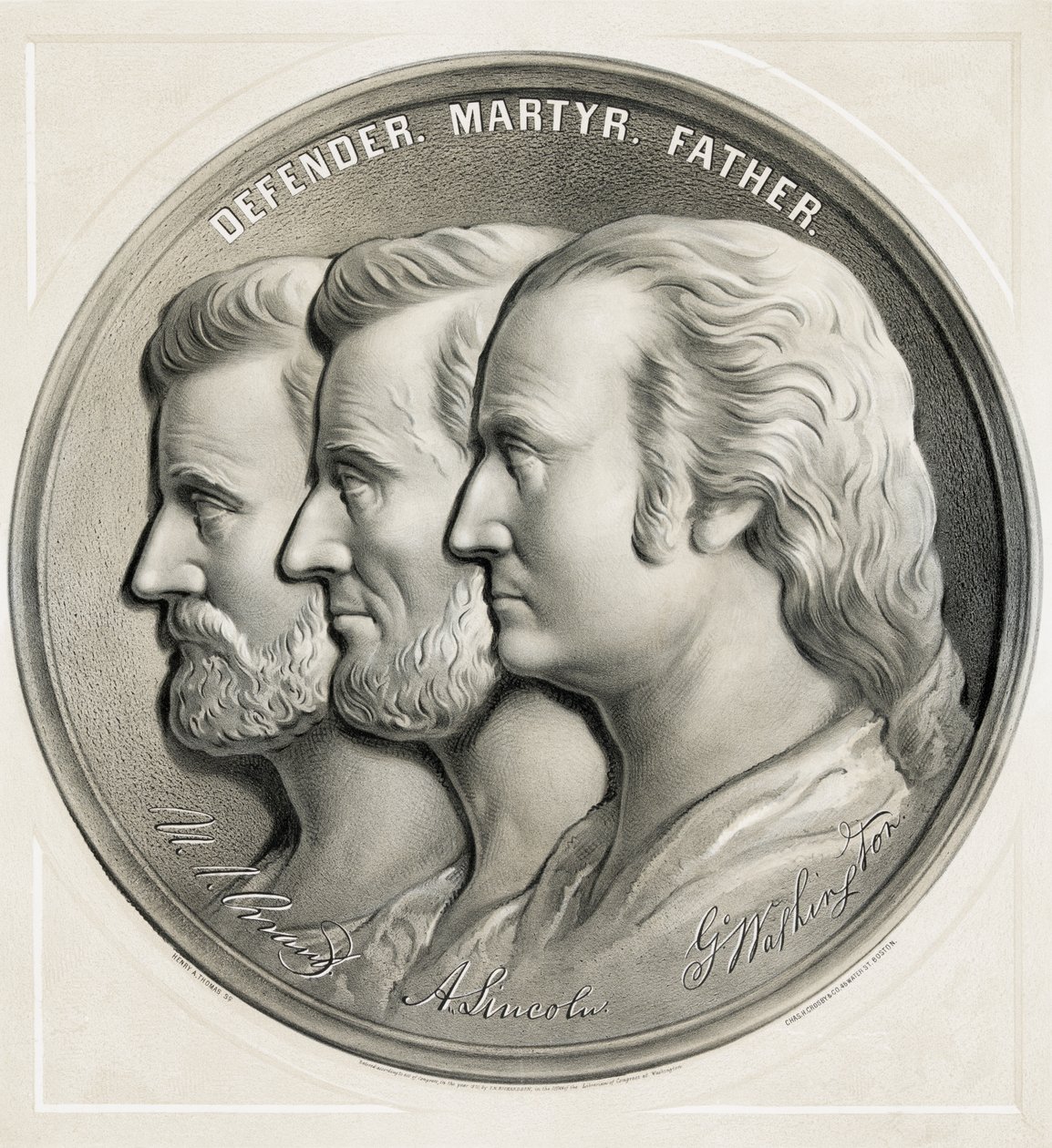 Medalion Ulysses S. Grant, Abraham Lincoln és George Washington védőként, mártírként és apaként, 1870 alkotó: American School