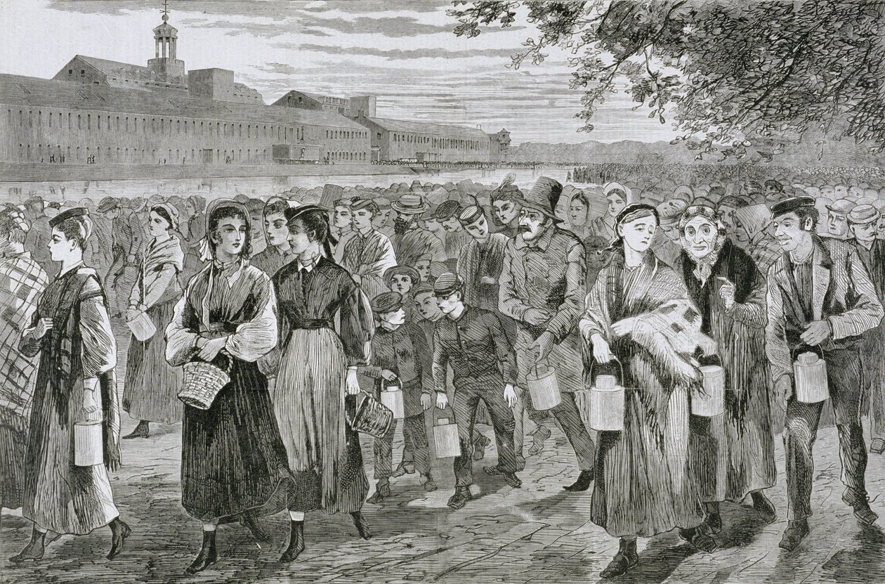 Férfiak és nők munka után elhagyják a malmot, ebédlővödörrel, 1868 alkotó: American School