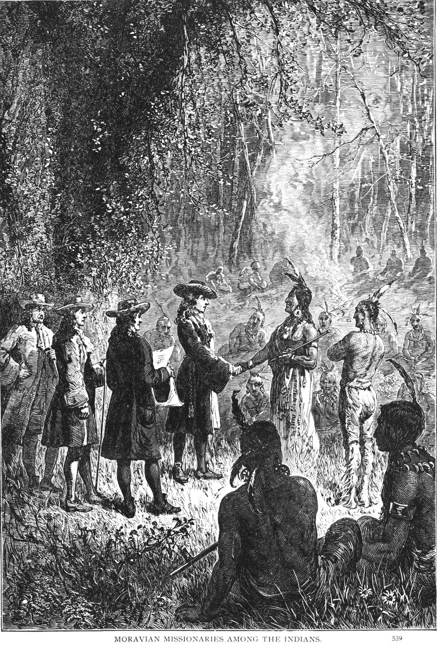 Morva misszionáriusok az indiánok között Augustus L. Mason „Az úttörő élet romantikája és tragédiája” című művéből, 1883 alkotó: American School