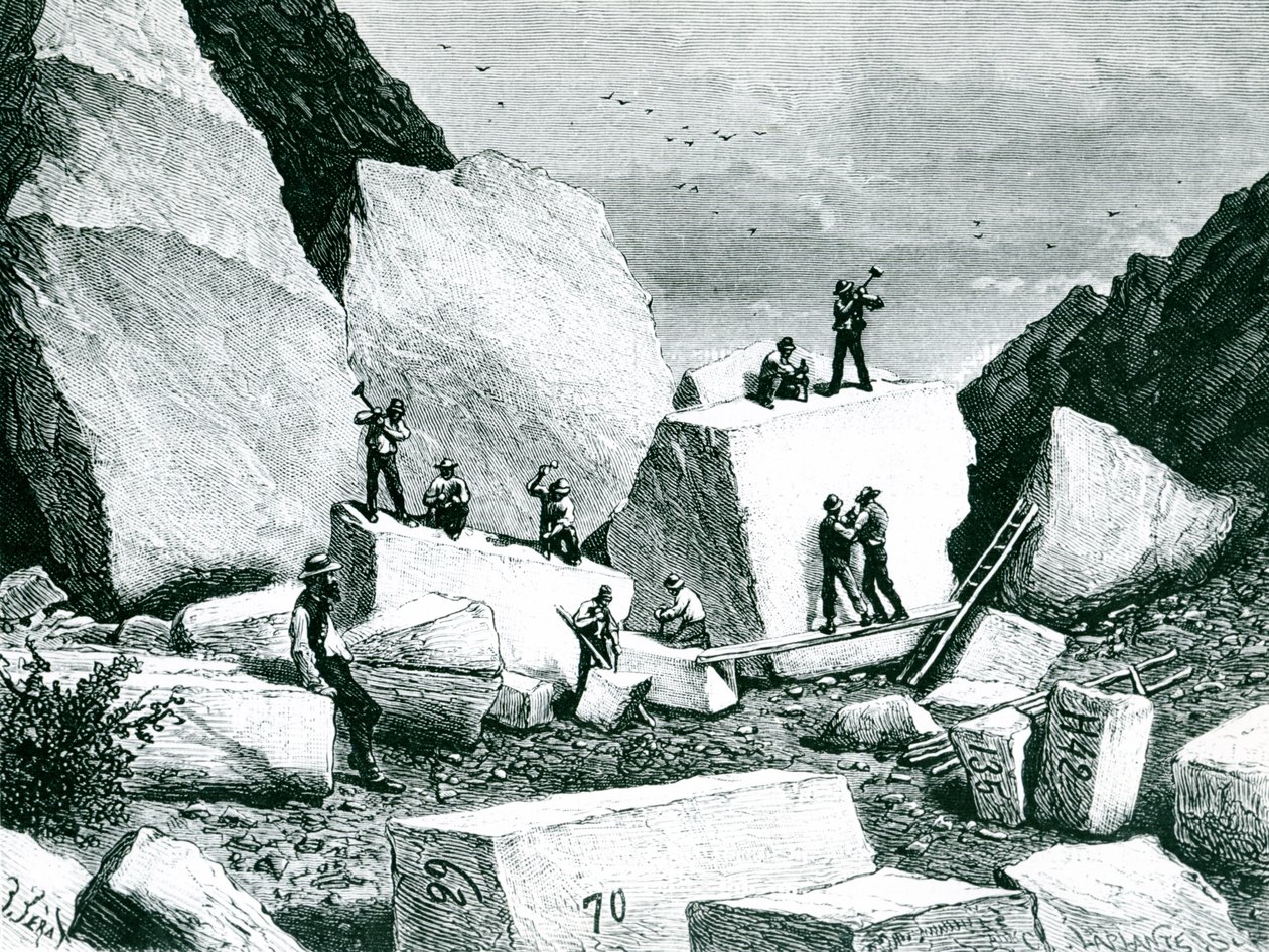 Mormonok gránitot bányásznak a tabernákulum számára, rajzolta J. Ferat és metszett C. Laplante alkotó: American School