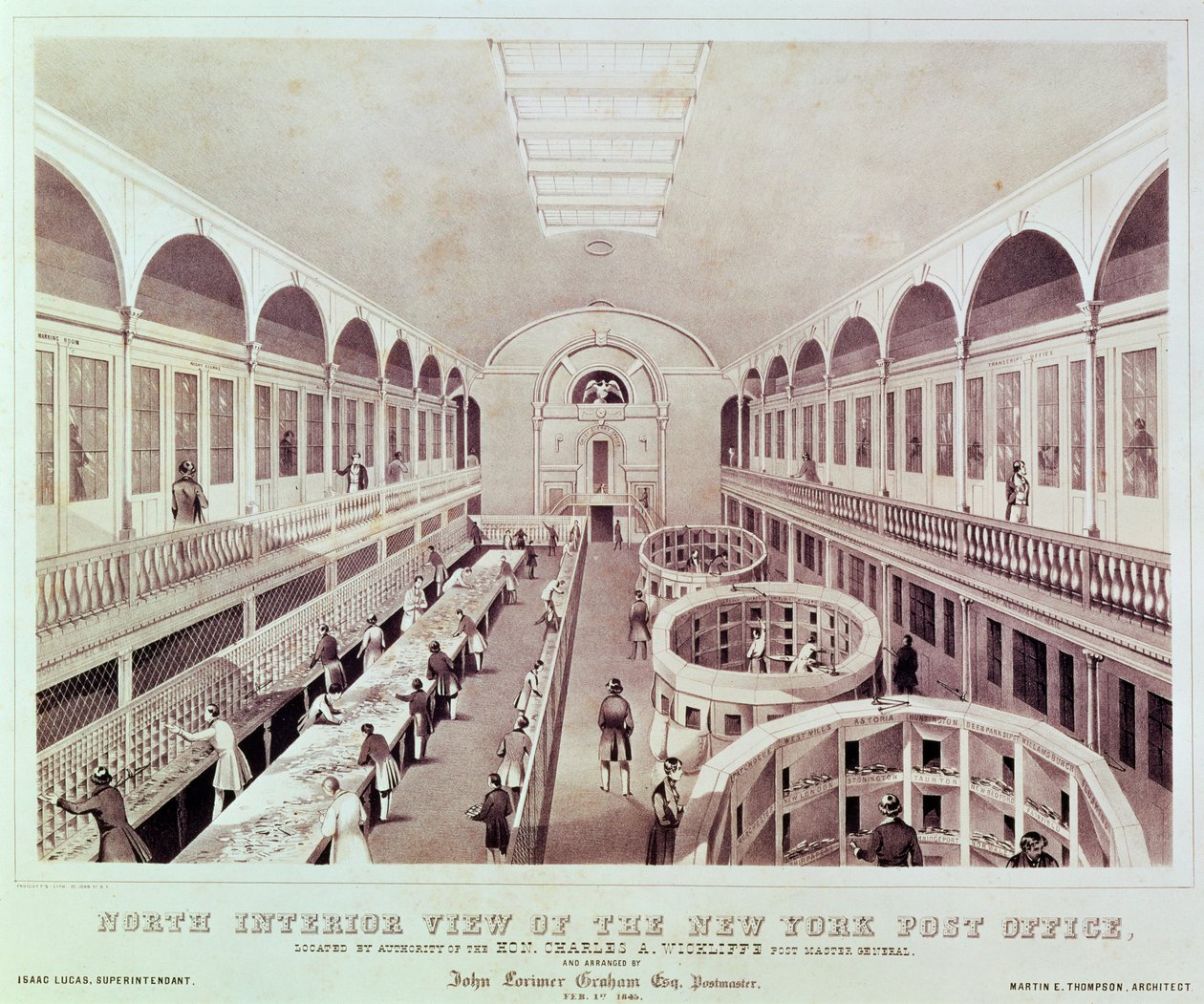 A New York-i postahivatal északi belső nézete, Endicott metszete alkotó: American School