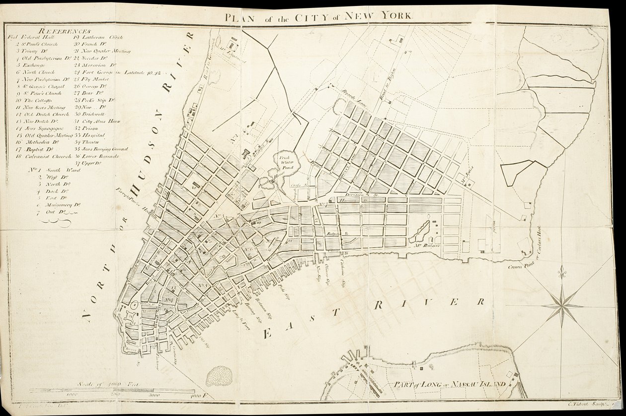New York város terve, Tiebout metszet, 1789 (metszet, tus papírra) alkotó: American School