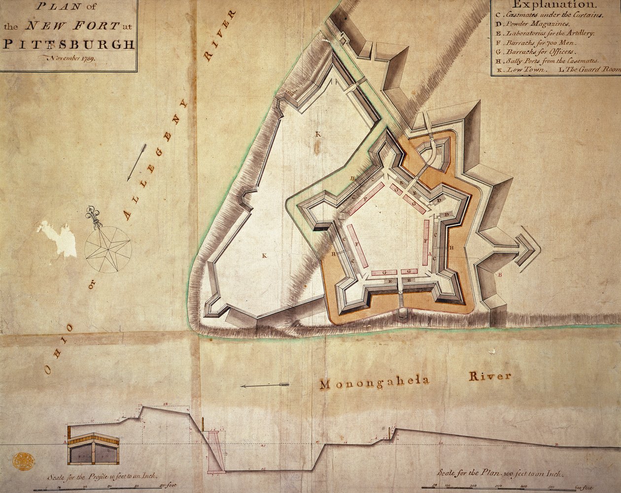 A pittsburghi új erőd terve, 1759. november (kézzel színezett metszet) alkotó: American School