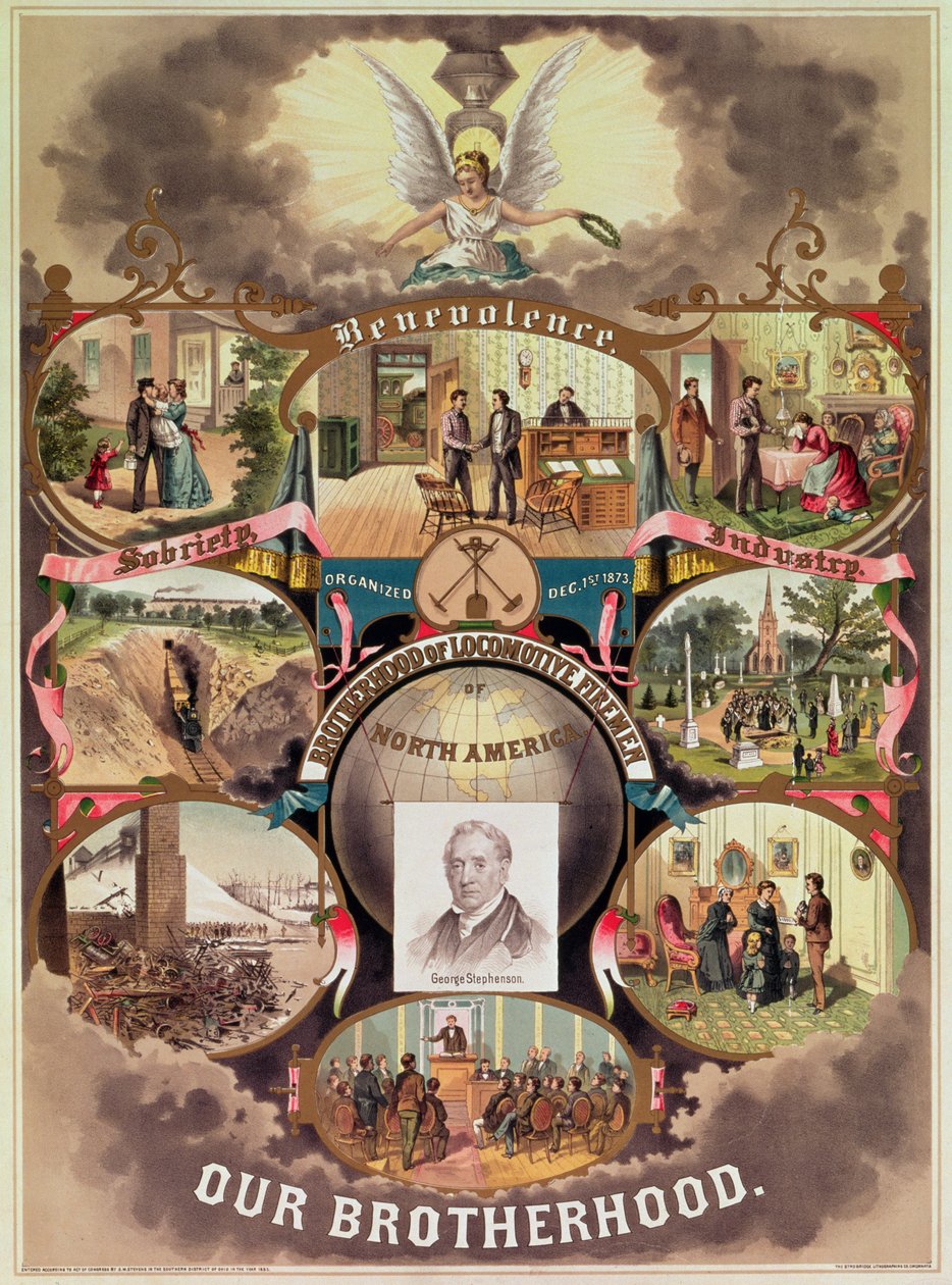 Az „Észak-Amerikai Mozdonytűzoltók Testvérisége” plakátja, 1885 alkotó: American School