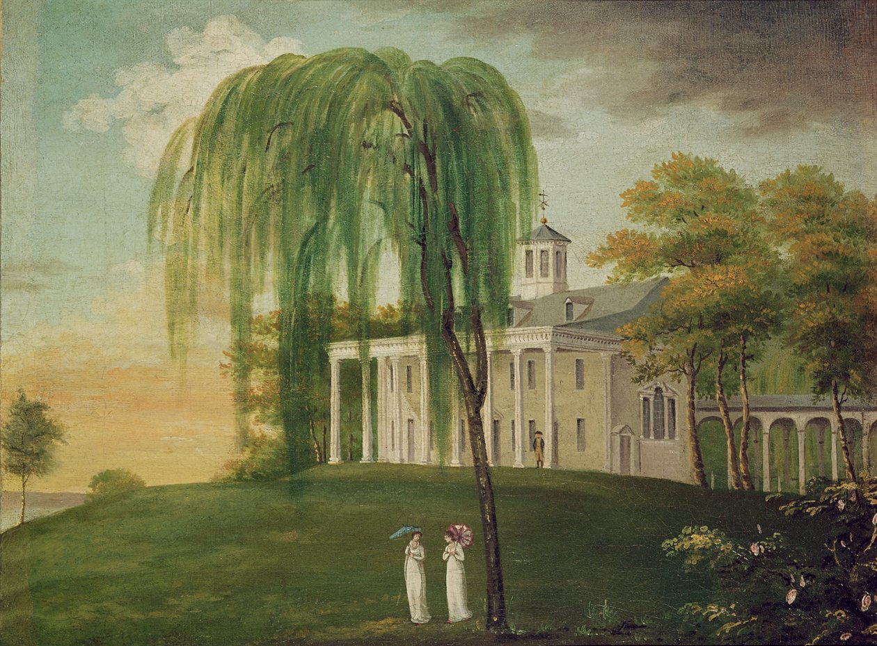 George Washington elnök (1732-99) Mount Vernon-i háza verandáján alkotó: American School