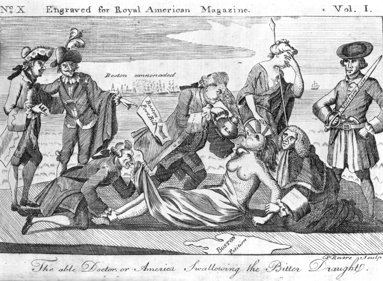 The Able Doctor, avagy Amerika lenyeli a keserű huzatot, vésette Paul Revere (1735-1818) a „Royal American Magazine” számára, 1774. június alkotó: American School