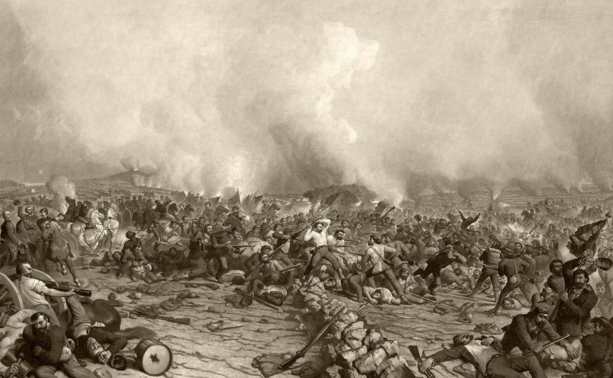 A gettysburgi csata egy 19. századi nyomat után, amelyet John Sartain vésett P.F. festményéből. Rothermel alkotó: American School