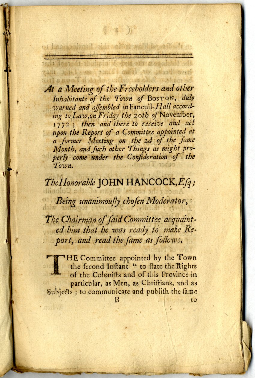 A „Bostoni füzet”: Boston város szabadbirtokosainak és más lakóinak szavazatai és eljárásai, Town Meeting Assembled, 1772 alkotó: American School