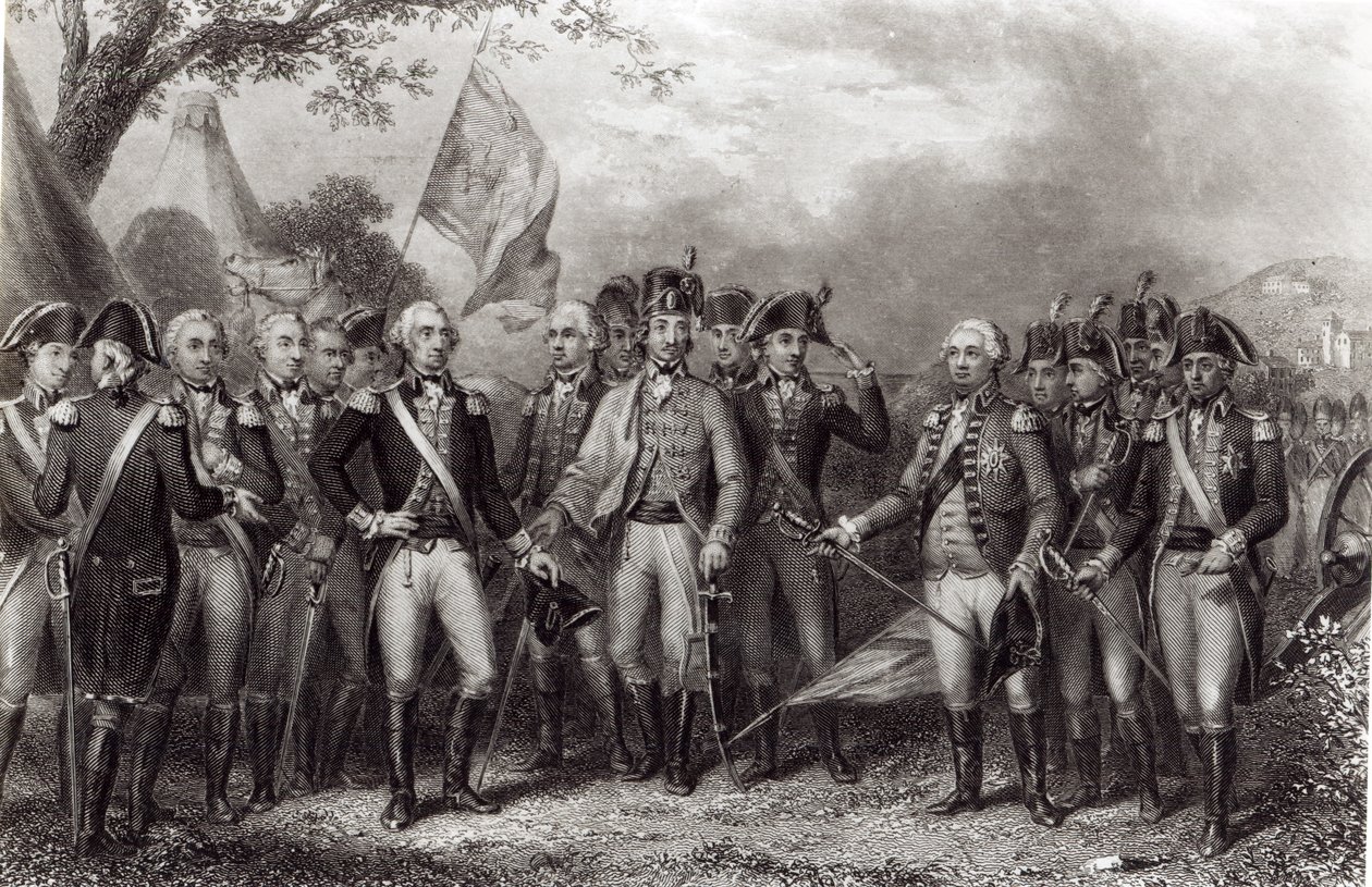 A britek átadják fegyvereiket Washington tábornoknak, 1781. október 19., metszet: J. Stephenson alkotó: American School