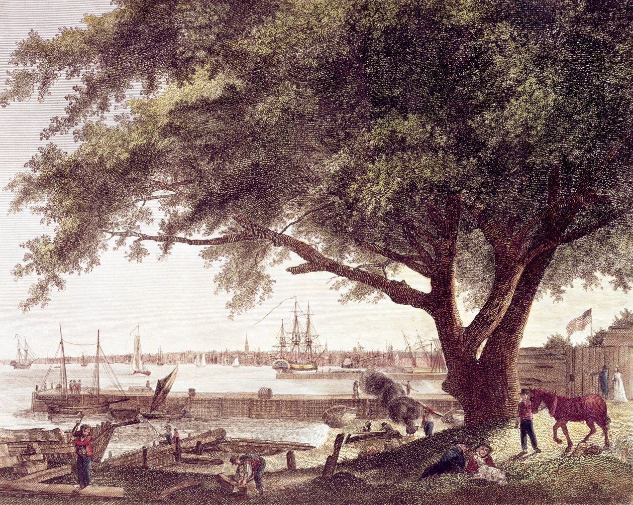 Philadelphia városa és kikötője, a Delaware folyón, Kensingtonból, 1800 alkotó: American School