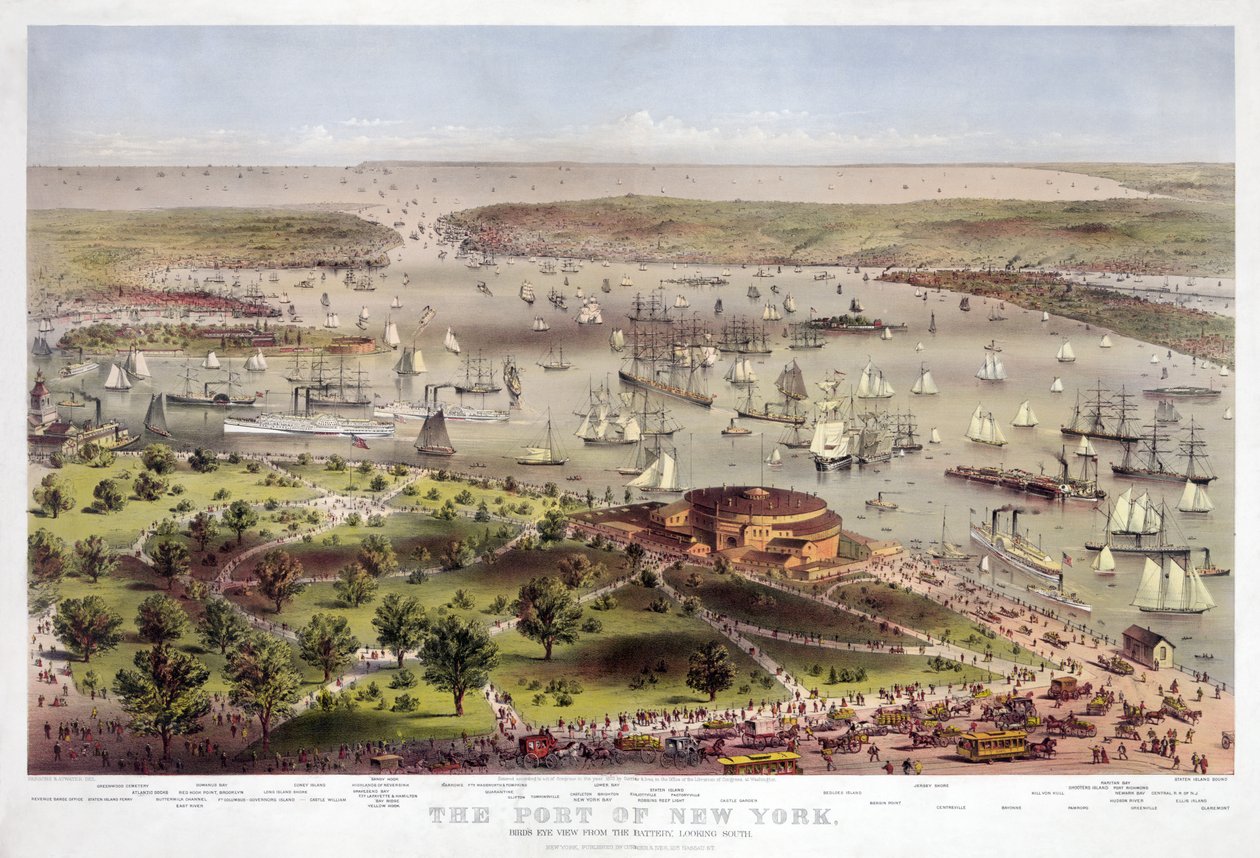 New York kikötője: madártávlat az akkumulátorból, délre néz, kocsma. 1862 (színes litográfia) alkotó: American School