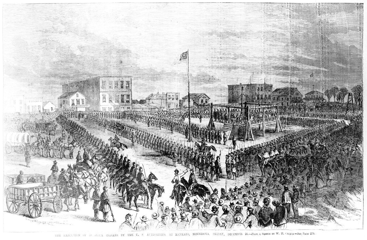 A sziú indiánok kivégzése az Egyesült Államok hatóságai által a minnesotai Mankatóban 1862. december 26-án, pénteken, Frank Leslies Illustrated Newspaper, 1863. január 24. alkotó: American School
