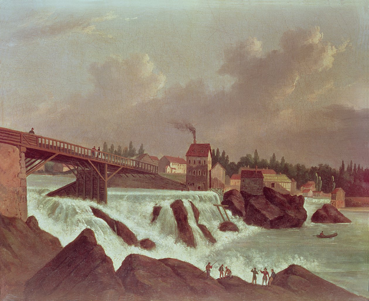 Az első gyapotüzem Amerikában, amelyet Samuel Slater alapított a Blackstone folyón a Rhode Island-i Pawtucketben, 1790 körül alkotó: American School