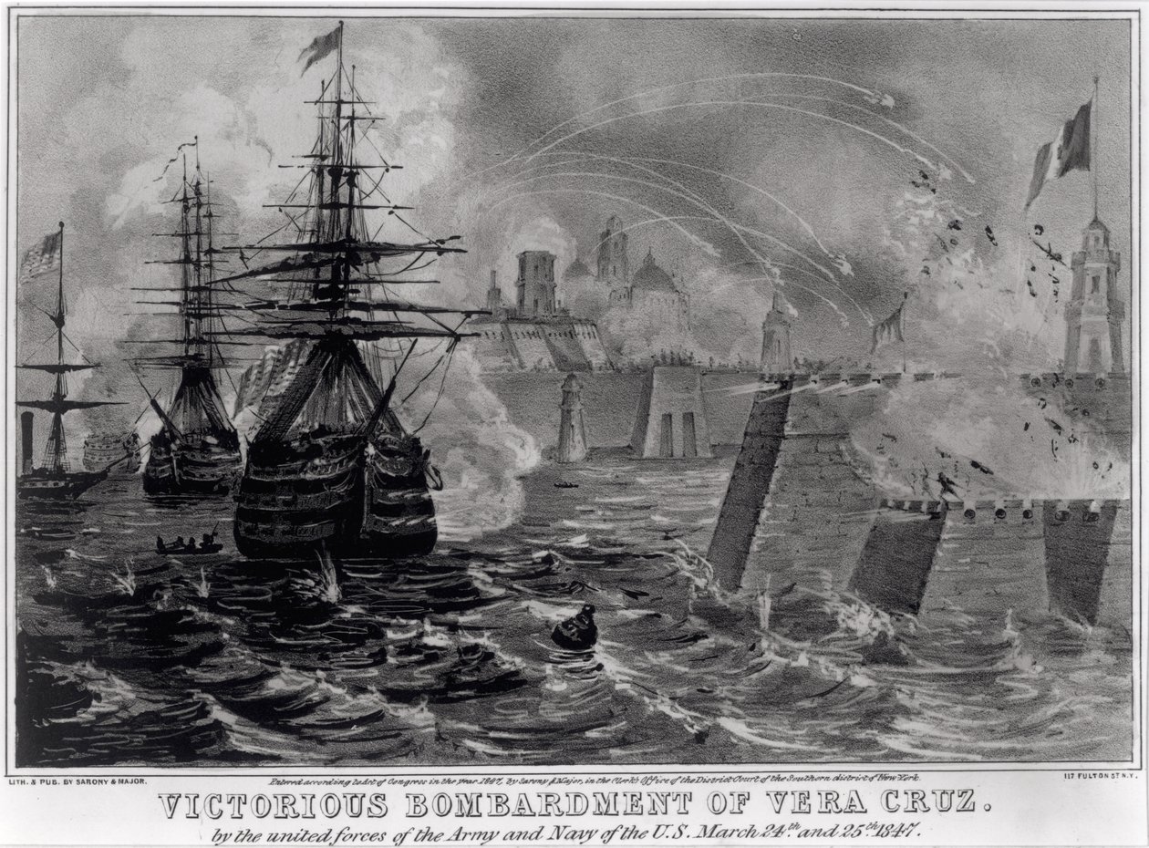 Vera Cruz győztes bombázása az Egyesült Államok Hadseregének és Haditengerészetének Egyesült Erői által, 1847. március 24. és 25., pub. Sarony und Major, 1847 alkotó: American School
