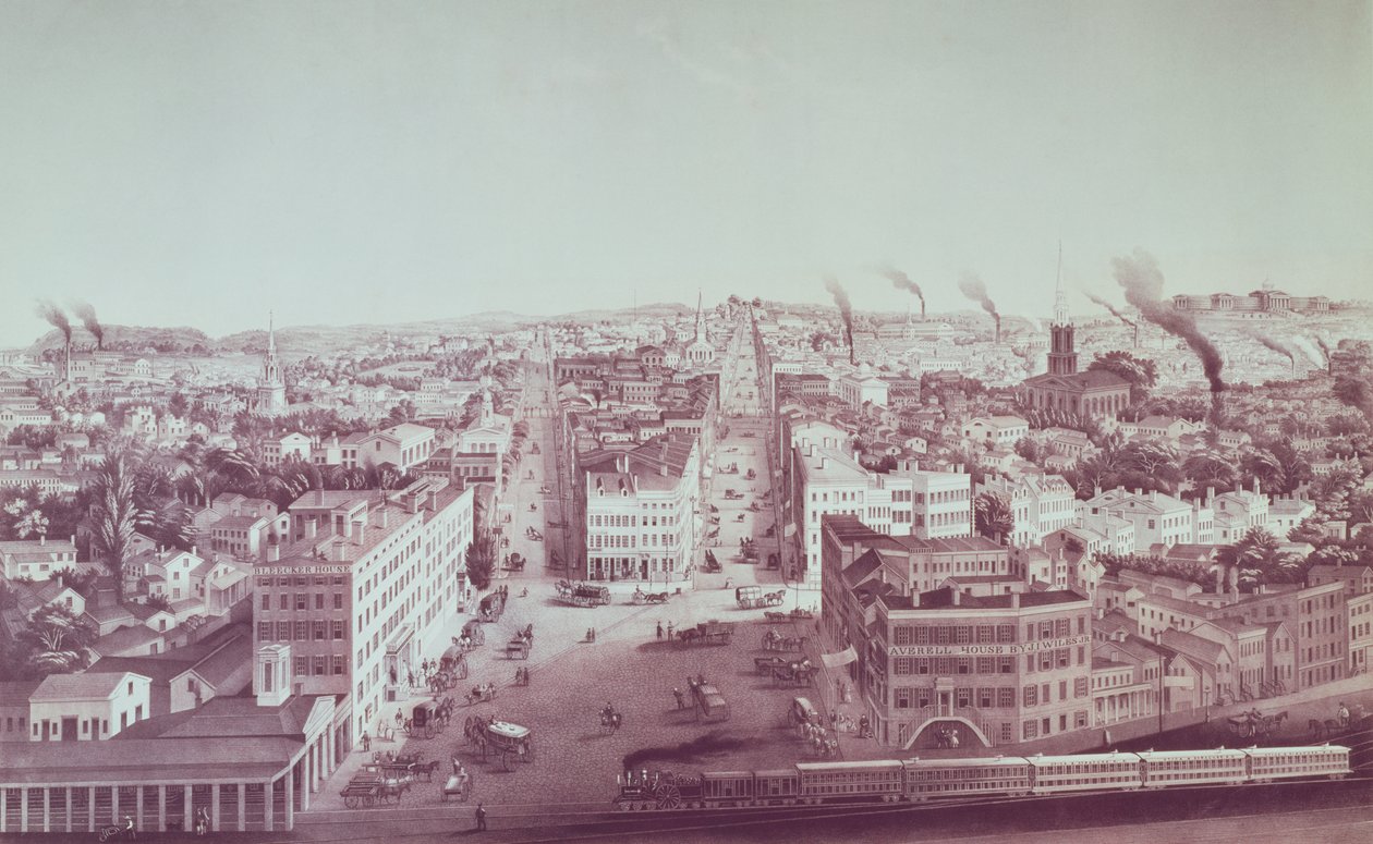 Kilátás Utica Cityre, New York állam, metszett D.W. Moody, kocsma. F. Michelin, 1850 körül alkotó: American School