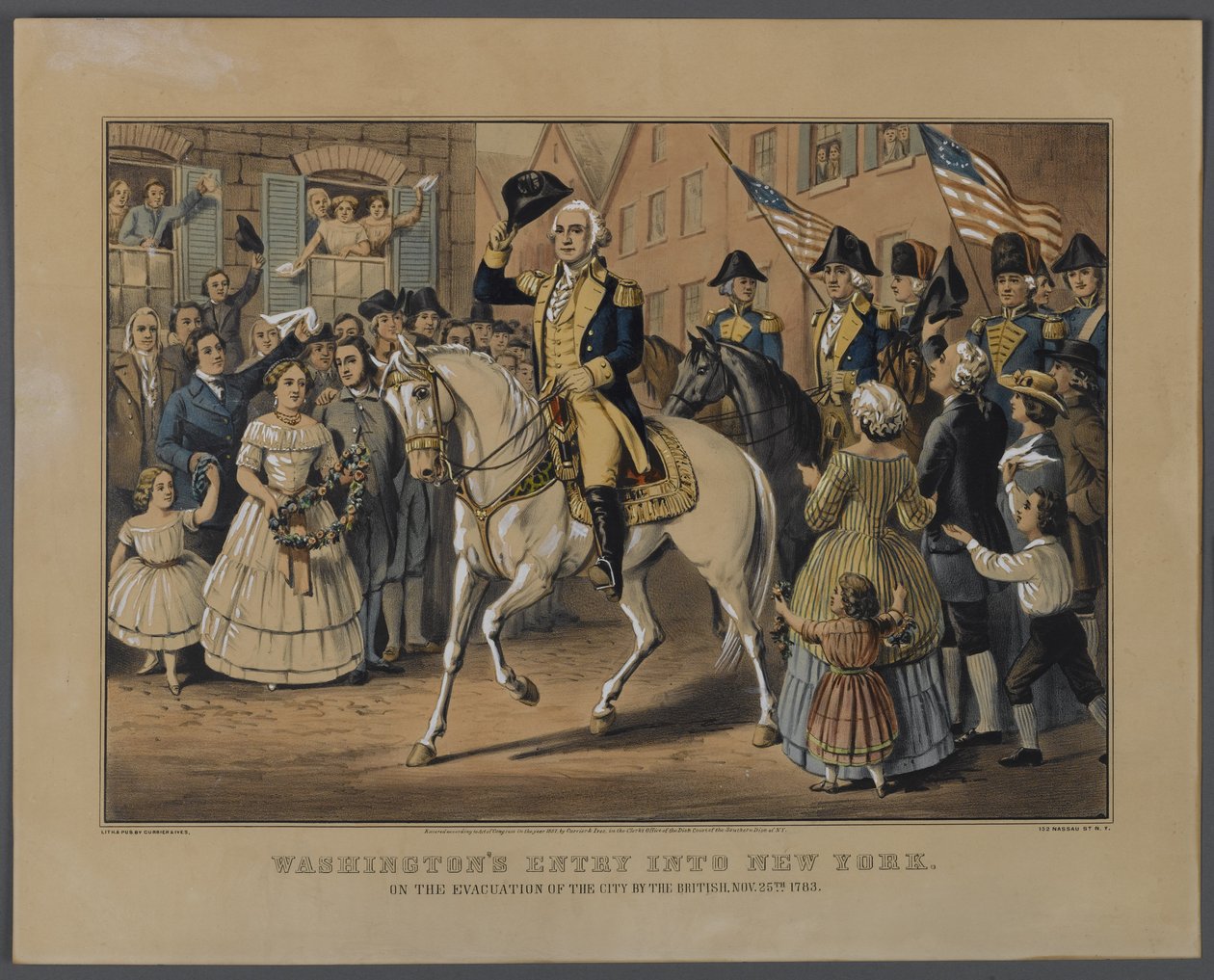 Washingtons Entry into New York, kiadó: Currier & Ives, New York, 1857 (kézzel színezett litho) alkotó: American School