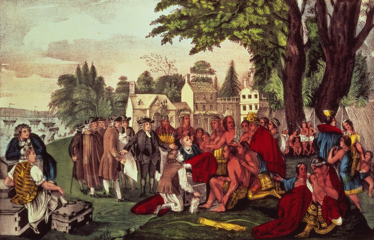 William Penn szerződése az indiánokkal, amikor megalapította Pennsylvania tartományt, 1661, pub. írta Currier und Ives alkotó: American School