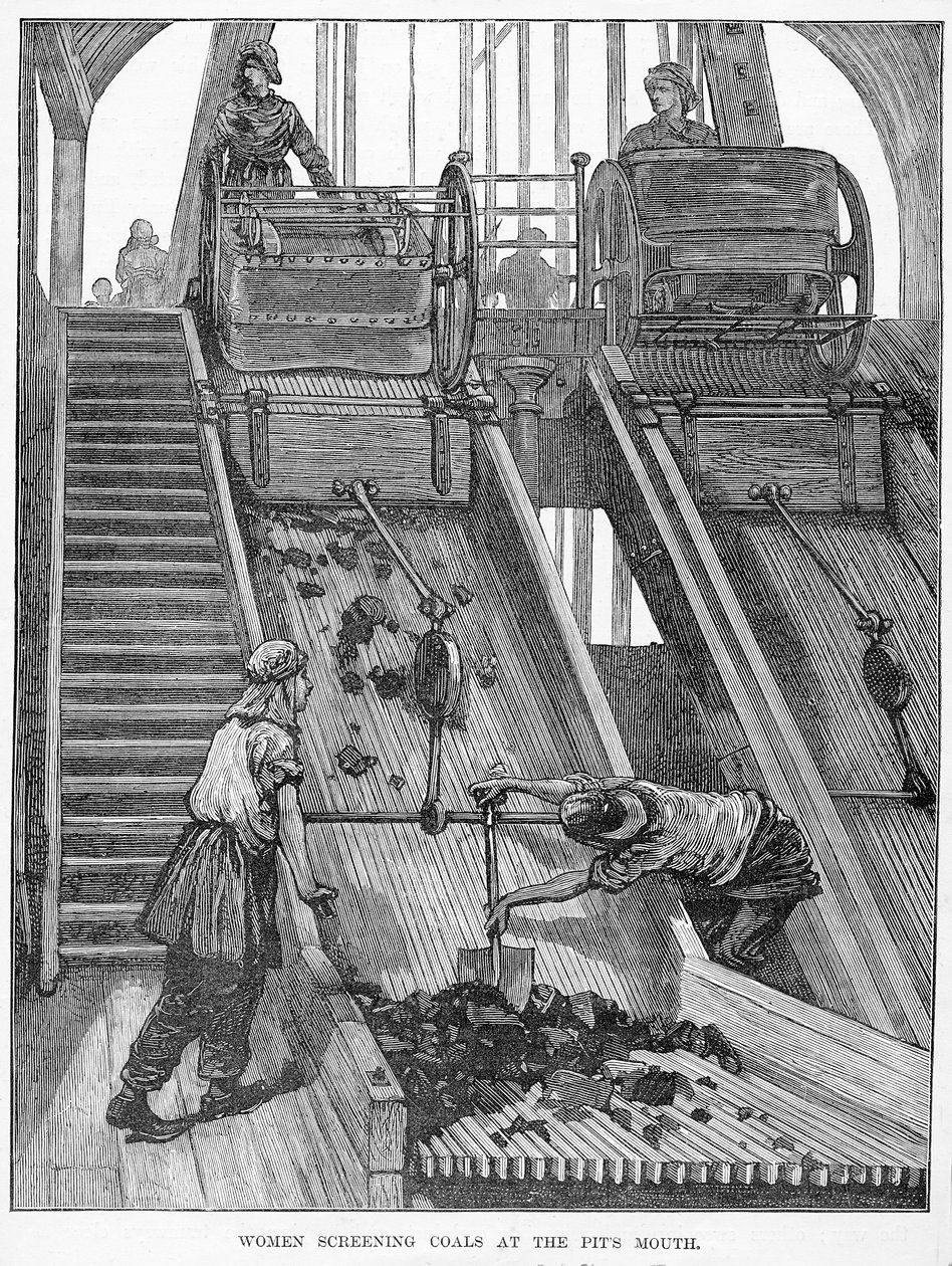 Széneket szitáló nők a gödör szájánál, kép Clara L. Mateaux "The Wonderland of Work" című művéből, kiadta: Cassell und co., New York, 1884. alkotó: American School