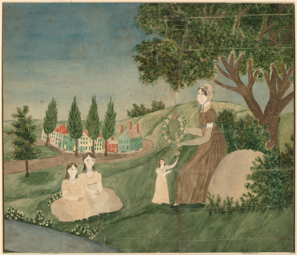 Anya és három gyermek virágkoszorút készít alkotó: American 19th Century