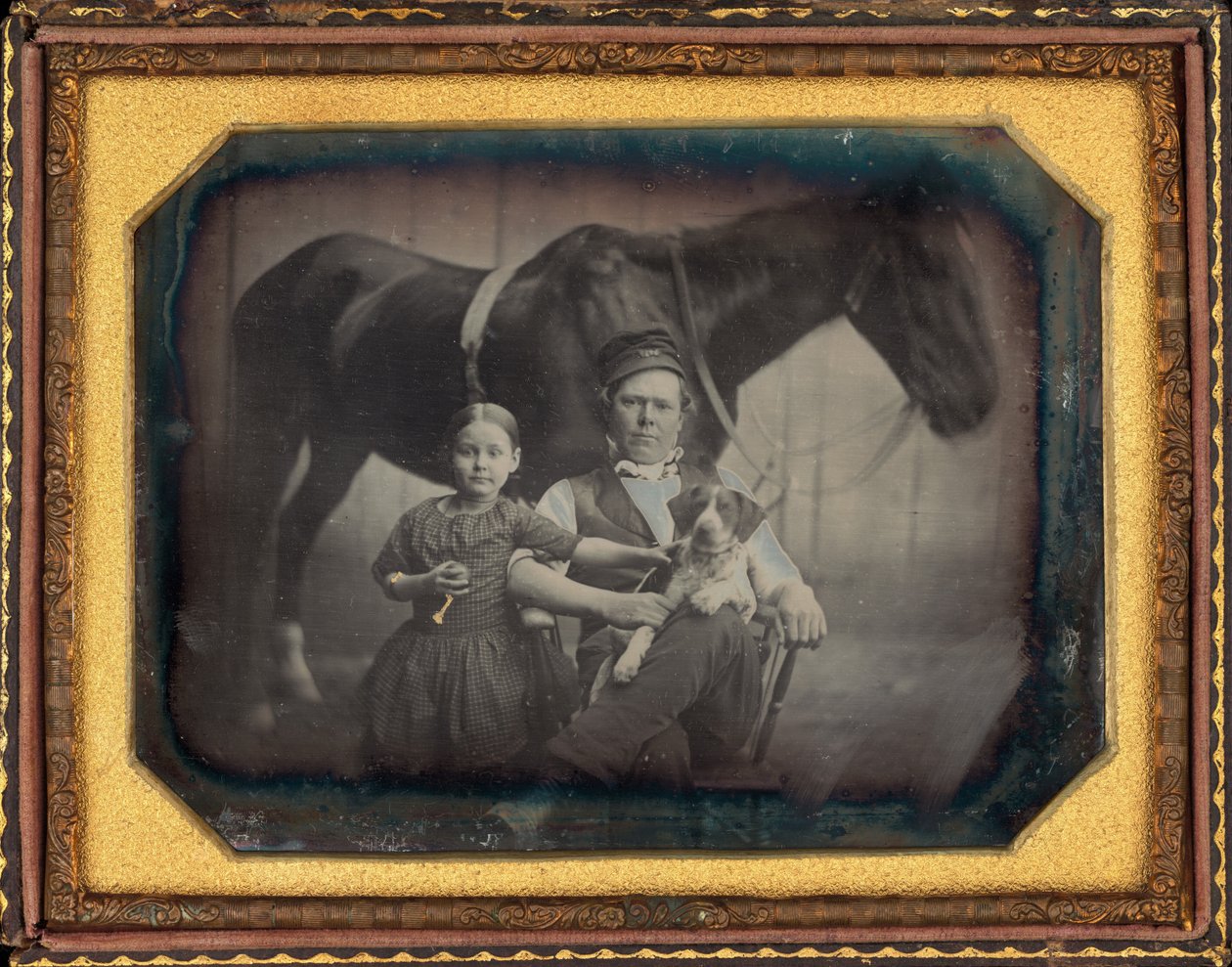 Portré egy férfi és egy lány lóval és kutyával alkotó: American 19th Century