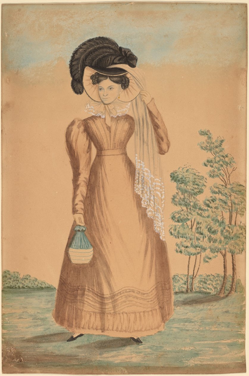 Nő tollas kalapban alkotó: American 19th Century
