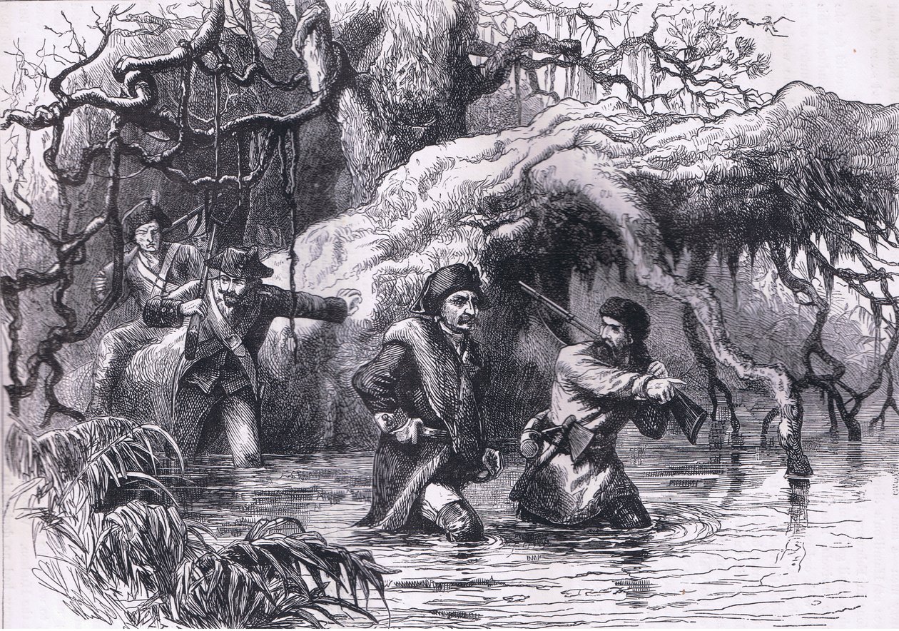 Clarke és katonái átkelnek a Wabash-on, illusztráció az Egyesült Államok Cassells történetéből, kiadó: Cassell, Petter & Galpin, 1900 körül (litho) alkotó: American English school