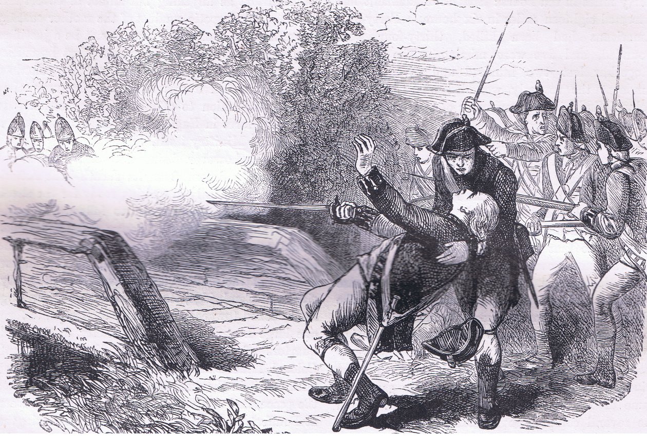 Death of Isaac Davis, illustration from Cassells History of the United States published by Cassell, Petter & Galpin, c.1900 (litho) alkotó: American English school