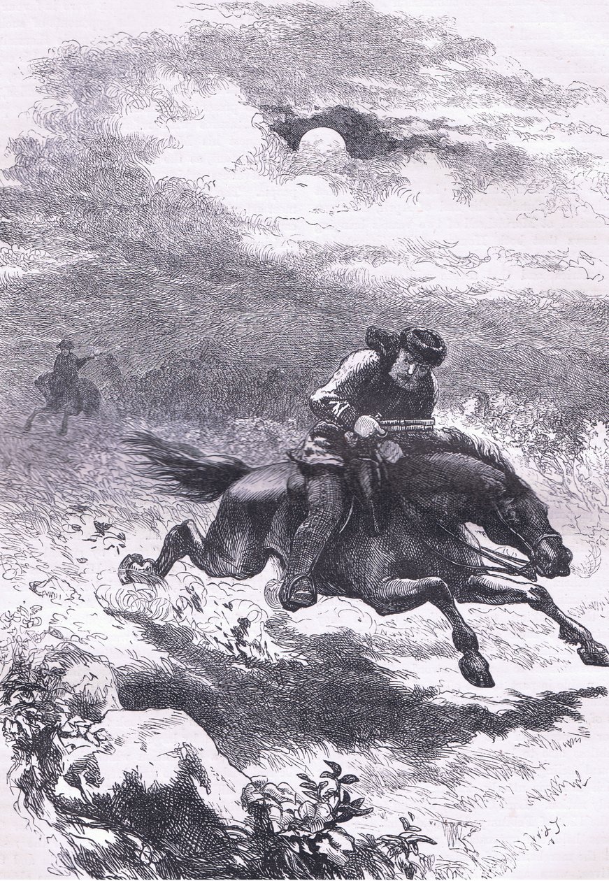 Paul Revere, a felderítő üldözése, illusztráció az Egyesült Államok Cassells történetéből, kiadó: Cassell, Petter & Galpin, 1900 körül (litho) alkotó: American English school
