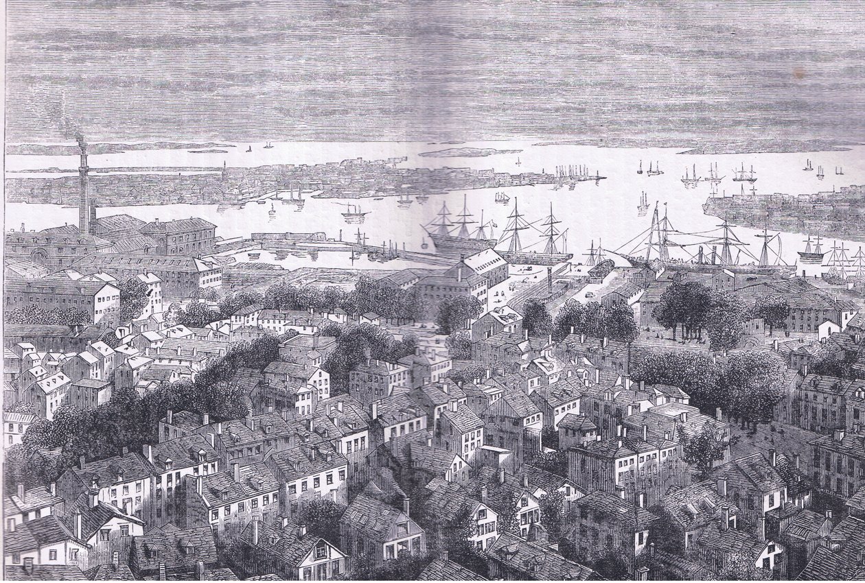 Boston kilátása a Bunkers Hilltől, illusztráció az Egyesült Államok Cassells Historyjából, Cassell, Petter & Galpin kiadásában, 1900 körül (litho) alkotó: American English school