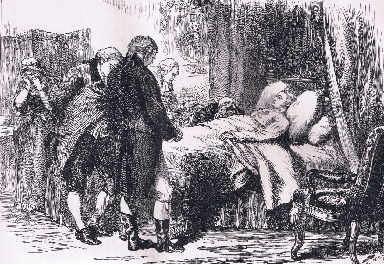 Washington a halálos ágyán, illusztráció a Cassells History of the Egyesült Államokból, kiadó: Cassell, Petter & Galpin, 1900 körül (litho) alkotó: American English school