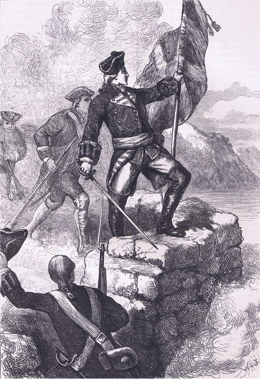 Washington a brit zászlót tűzi ki Fort Duquesne-ben, illusztráció a Cassells History of the Egyesült Államokból, kiadó: Cassell, Petter & Galpin, 1900 körül (litho) alkotó: American English school